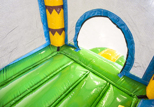 Mini inflatable multiplay bounce house in jungle theme with a slide for children. Order inflatable bounce houses online at JB Inflatables America