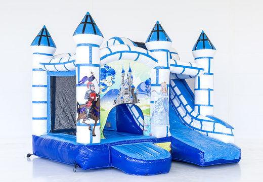 Buy a blue and white bouncy castle in a castle theme for children. Order inflatable bouncy castles online at JB Inflatables America