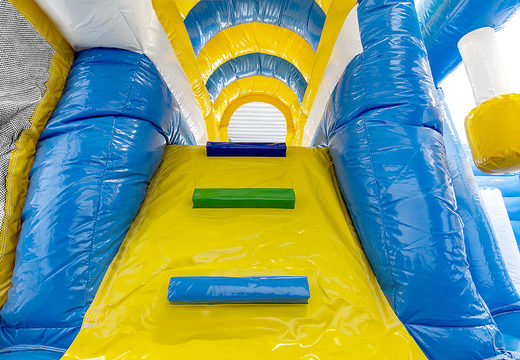 Multiplay frozen ice bounce house with a slide, fun objects on the jumping surface and eye-catching 3D objects to buy for kids. Order inflatable bounce houses online at JB Inflatables America