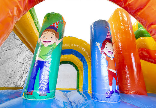 Order a party-themed bouncer with a slide for children. Buy inflatable bouncers online at JB Inflatables America