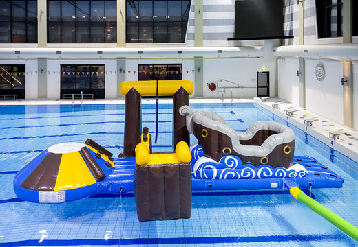 Get an airtight inflatable pirate play island with a vine, climbing tower, round slide and obstacles for both young and old. Order inflatable pool games now online at JB Inflatables America