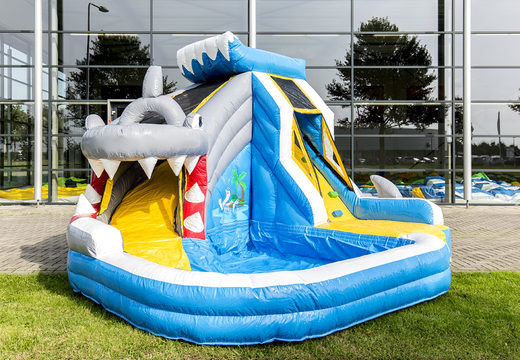 Buy large inflatable bounce house with pool in the theme of splashy shark for children. Order bounce houses online at JB Inflatables America 