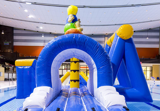 Airtight inflatable surfer play island with a vine, climbing tower, round slide and obstacles for both young and old. Order inflatable water attractions now online at JB Inflatables America