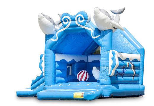 Buy inflatable covered blue multifun bounce house with slide in the theme dolphin for children. Order bounce houses online at JB Inflatables America