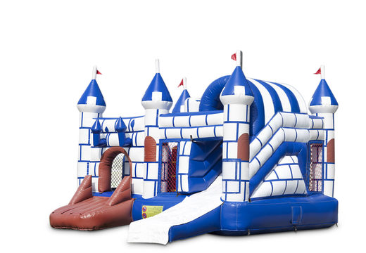 Buy indoor inflatable multiplay bounce house in theme blue and white castle with slide for children. Order inflatable bounce houses online at JB Inflatables America