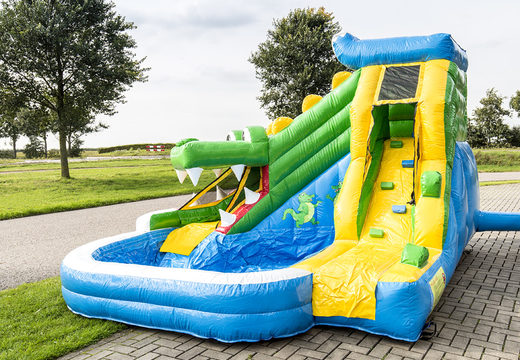 Buy large inflatable bouncy castle with pool in theme crocodile splashy for children. Order bouncy castles online at JB Inflatables America 