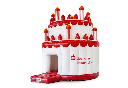 Order custom inflatable Sparkasse Cake bounce houses at JB Promotions America; specialist in inflatable advertising items such as custom bounce houses