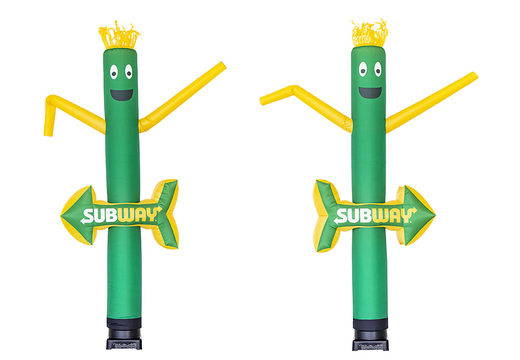 Personalized Subway 3D sky dancer with yellow spikes and the 3D object in the shape of an arrow in the direction of Subway made at JB Promotions. Order promotional inflatable tubes made in all shapes and sizes at JB Inflatables America 