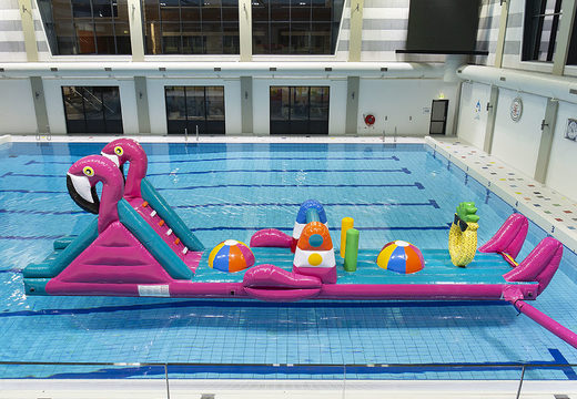 Get airtight inflatable 12 meter long Flamingo Run swimming pool obstacle course in a unique design for both young and old. Order inflatable obstacle courses online now at JB Inflatables America