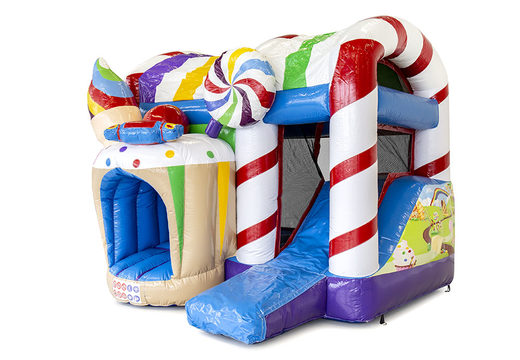 Buy small indoor inflatable multiplay bounce house with slide in candy world theme for children. Order inflatable bounce houses online at JB Inflatables America