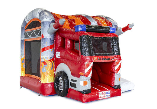 Mini inflatable multiplay bounce house in fire brigade theme for children. Order inflatable bounce houses online at JB Inflatables America