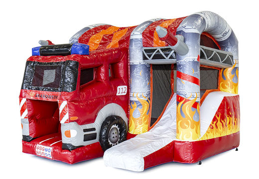 Buy a small indoor inflatable multiplay bouncy castle with slide in the fire brigade theme for children. Order inflatable bouncy castles online at JB Inflatables America
