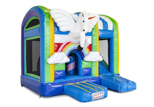 Mini inflatable multiplay bounce house in unicorn theme for children. Order inflatable bounce houses online at JB Inflatables America