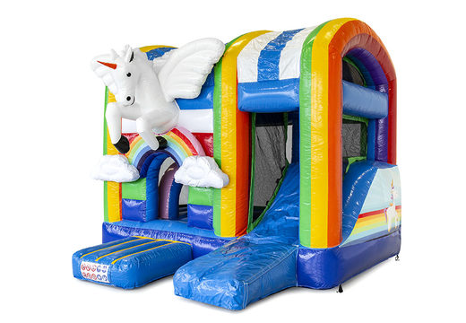 Buy a small indoor inflatable multiplay bounce house in the theme unicorn with slide for children. Order inflatable bounce houses online at JB Inflatables America