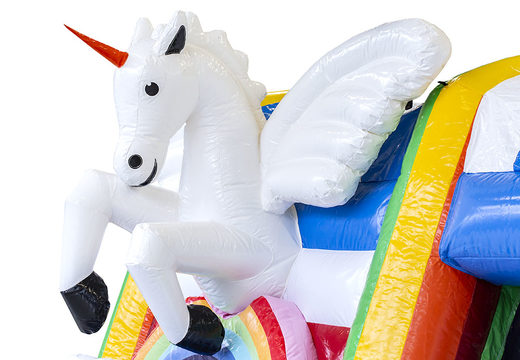 Buy mini inflatable multiplay bounce house in unicorn theme for kids. Order inflatable bounce houses online at JB Inflatables America