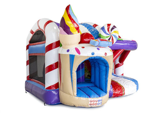 Candyland themed bounce house with 3D objects inside and a slide for kids. Buy inflatable bounce houses online at JB Inflatables America