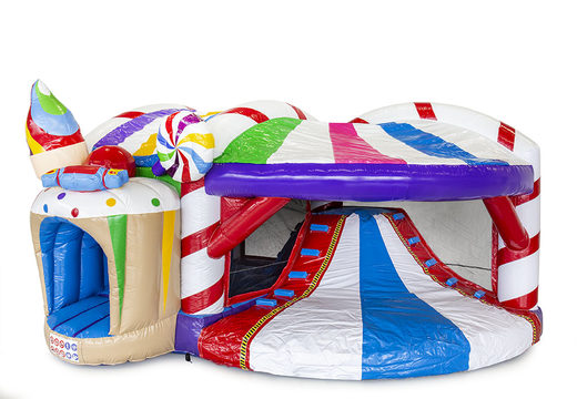 Buy inflatable indoor multiplay bounce house with slide in candyland theme for children. Order inflatable bounce houses online at JB Inflatables America