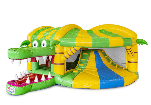 Buy an inflatable indoor multiplay bouncy castle with slide in a crocodile theme for children. Order inflatable bouncy castles online at JB Inflatables America