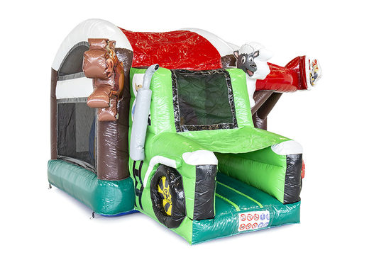 Farm themed bounce house with 3D objects inside and a slide for children. Buy inflatable bounce houses online at JB Inflatables America