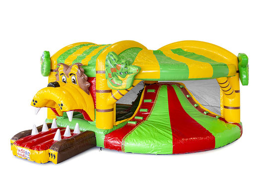 Buy an inflatable indoor multiplay bounce house with slide in a jungle theme for children. Order inflatable bounce houses online at JB Inflatables America