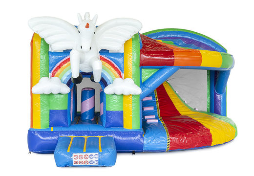 Bouncer in unicorn theme with slide and with 3D objects inside for children. Buy inflatable bouncers online at JB Inflatables America