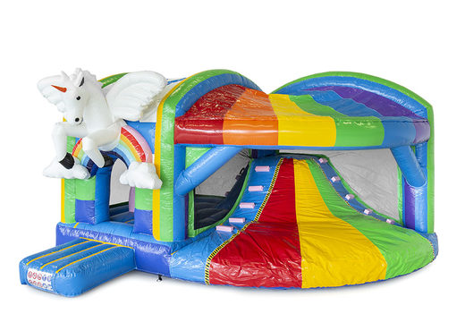 Buy inflatable indoor multiplay XL bouncy castle with slide in theme unicorn rainbow for children. Order inflatable bouncy castles online at JB Inflatables America