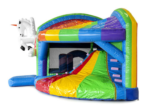 Order medium inflatable multiplay bounce house in unicorn theme with slide for children. Buy inflatable bounce houses online at JB Inflatables America