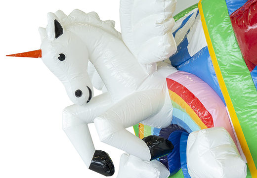 Multiplay unicorn bouncer with a slide and with 3D objects inside for kids. Buy inflatable bouncers online at JB Inflatables America