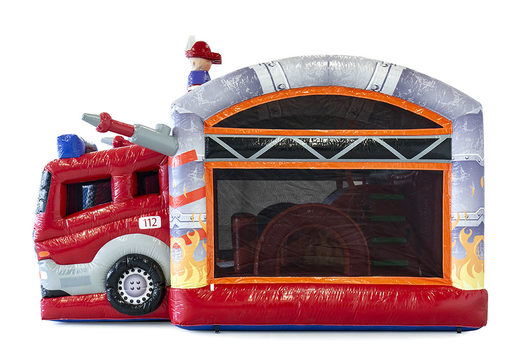 Buy a bounce house in the fire department theme with a slide and 3D objects for children. Order bounce houses online at JB Inflatables America 