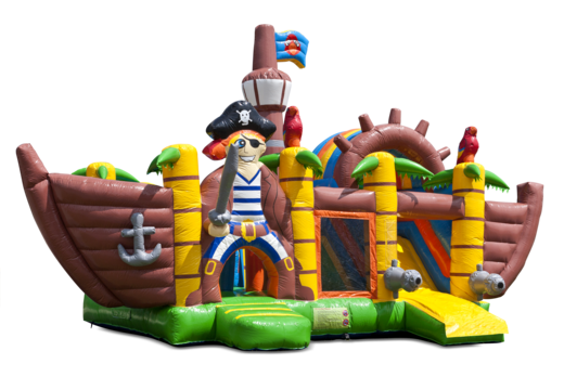 Buy an inflatable indoor multiplay bounce house with slide in pirate ship theme for children. Order inflatable bounce houses online at JB Inflatables America