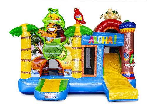 Medium inflatable multiplay bouncy castle in hawaii theme for children. Order inflatable bouncy castles online at JB Inflatables America
