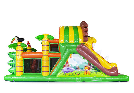 Jungle themed 9 m inflatable obstacle course for children. Order inflatable obstacle courses now online at JB Inflatables America