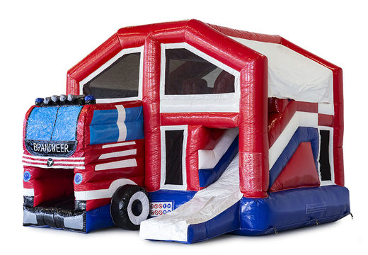 Buy an inflatable indoor multiplay bounce house with slide in the theme of fire brigade for children. Order inflatable bounce houses online at JB Inflatables America