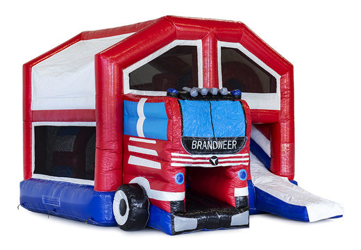 Medium inflatable multiplay bounce house in fire department theme for children. Order inflatable bounce houses online at JB Inflatables America