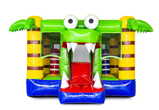 Purchase multiplay small inflatable bouncer with slide for children in theme crocodile. Order inflatable small bouncers online at JB Inflatables America