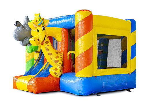 Purchase mini multiplay bounce house in party theme with slide for children online. Order inflatable bounce houses with slide at JB Inflatables America