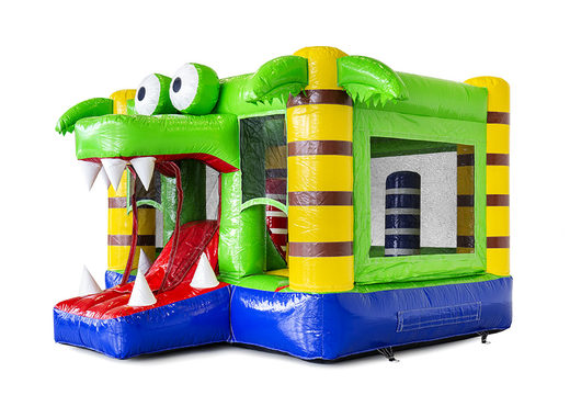 Buy an inflatable multiplay mini bounce house with slide for children in theme crocodile. Order these inflatable mini bounce houses online at JB Inflatables America