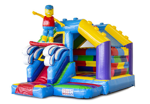 Buy a small indoor inflatable multiplay bouncy castle with slide in the theme superblocks lego for children. Order now inflatable bouncy castles with slide at JB Inflatables America