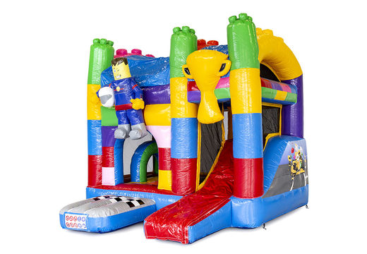 Buy a small indoor multiplay inflatable bouncer in the theme Lego superblocks with slide for children. Order inflatable bouncers online at JB Inflatables America