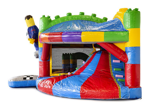 Buy a multiplay Lego bounce house with a slide, fun objects on the jumping surface and eye-catching 3D objects for kids. Order inflatable bounce houses online at JB Inflatables America