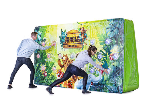 Order inflatable IPS Splash Wall in Jungle theme action photo Jeroen Zwiers with a water sprayer at the top for both young and old. Buy inflatable IPS Splash Walls now online at JB Inflatables America 