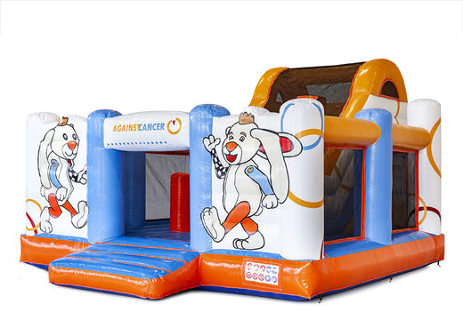 Custom Against Cancer Slide Box bounce houses with animation, logo of the foundation and the mascot, suitable for various events. Order custom bounce houses at JB Promotions America