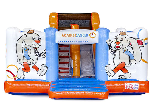 Order online custom Against Cancer Slide Box bounce houses with animation, logo of the foundation and the mascot at JB Promotions America. Buy custom inflatable promotional bounce houses online from JB Inflatables America now
