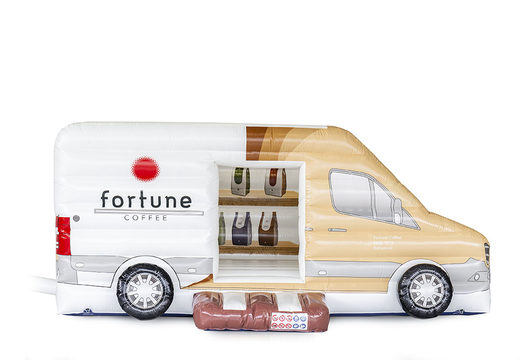 Order now custom Fortune Coffee bus bounce houses, available in any size, shape and full color printing at JB Promotions America. Promotional bounce houses in all shapes, sizes and colors made at JB Promotions America