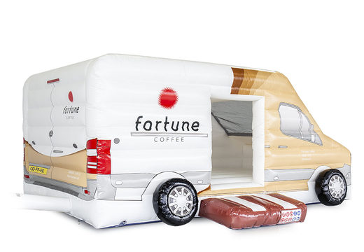 Buy custom Fortune Coffee bus bounce houses, available in any size, shape and full color printing at JB Promotions America. Request a free design for inflatable bounce houses in your own corporate identity now