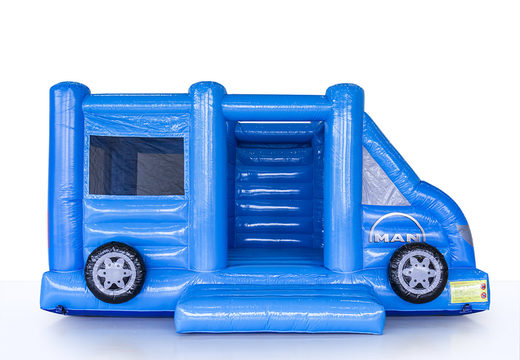 Buy custom Man Truck and Bus delivery van inflatable blue bounce house in different shapes and sizes. Order custom-made promotional bounce house inflatables now at JB Promotions America