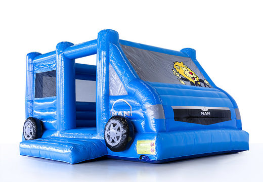 Promotional blue Man Truck and Bus van inflatable bounce house for events for sale. Buy custom promotional inflatable bounce houses online at JB Inflatables America