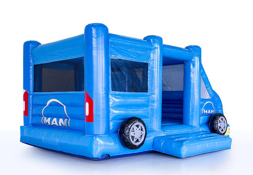 Buy promotional customized Man Truck and Bus van bounce house in blue Color. Order inflatable advertisement bounce houses in your own style now at JB Inflatables America