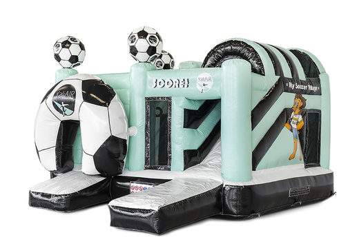 Order custom pastel blue Yali Air Multiplay soccer bouncer in your own corporate identity at JB Inflatables America . Promotional inflatables in all shapes and sizes made at JB Promotions 