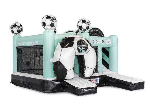 Custom pastel blue Yali Air Multiplay soccer bounce houses made in your own corporate identity at JB Promotions America . Order online promotional inflatables in all shapes and sizes
